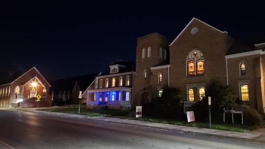 Church illuminated at night